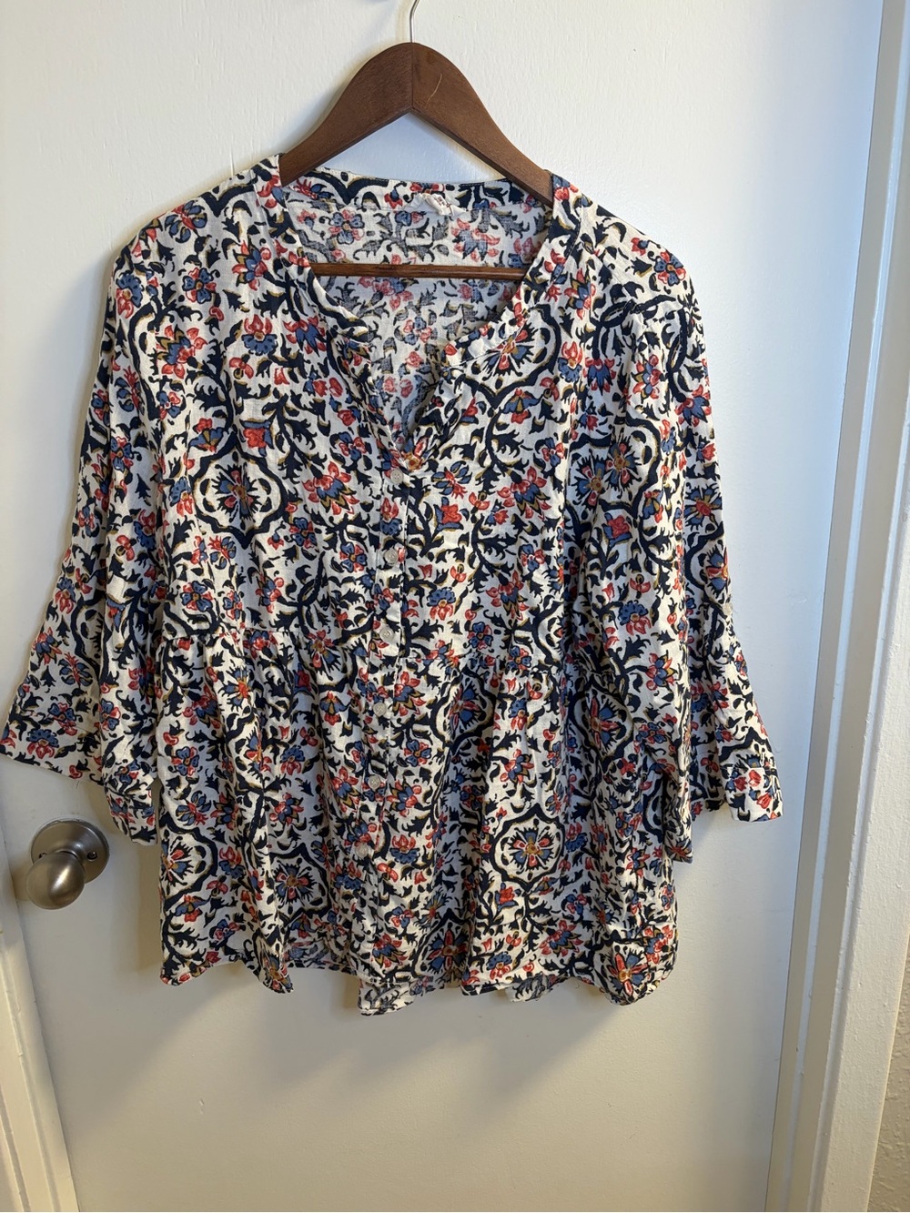 Panama Jack Women’s 1X Linen Blend Floral Babydoll Tunic Top Boho Button Front